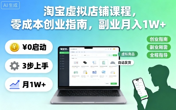 淘宝虚拟店铺课程，零成本创业指南，副业月入1W+-九九网创