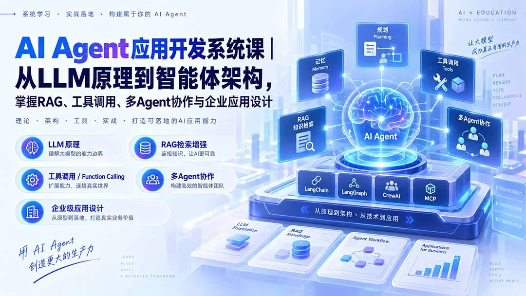 AI Agent应用开发系统课-179节｜从LLM原理到智能体架构，掌握RAG、工具调用、多Agent协作与企业应用设计-九九网创