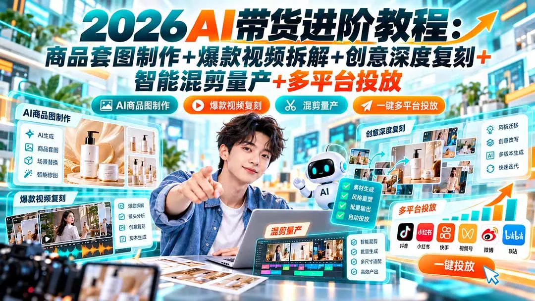 2026AI带货进阶教程：商品套图制作+爆款视频拆解+创意深度复刻+智能混剪量产+多平台投放-九九网创