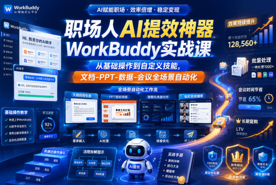 职场人AI提效神器WorkBuddy实战课，从基础操作到自定义技能，文档-PPT-数据-会议全场景自动化-九九网创