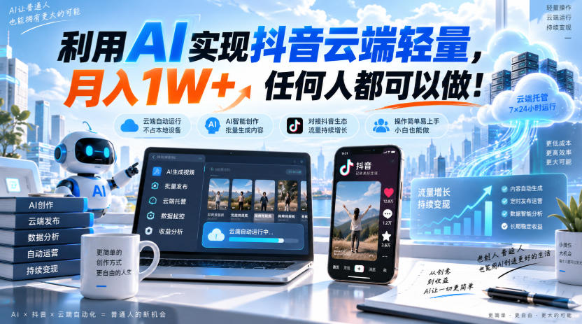 利用AI实现抖音云端轻量，月入1W+，任何人都可以做！【揭秘】-九九网创