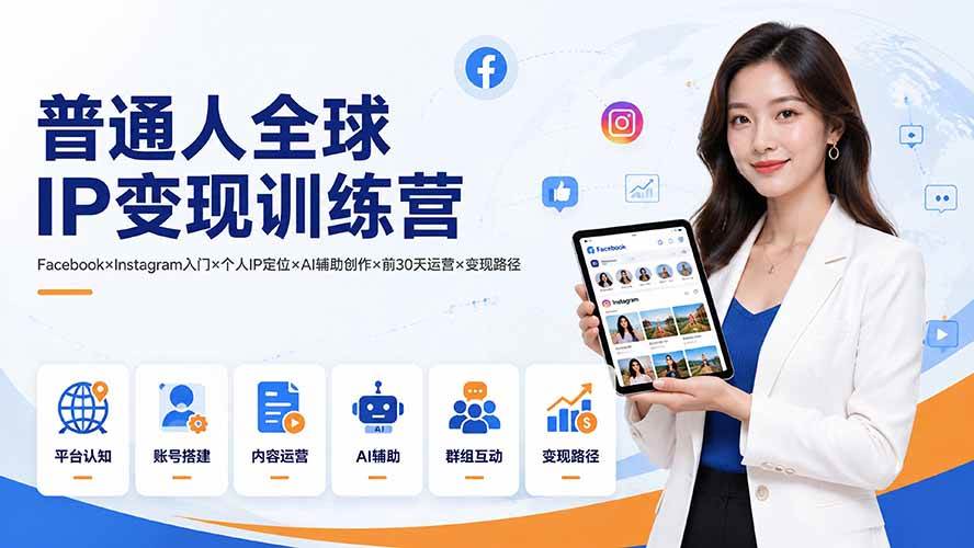 （19568期）普通人全球IP变现训练营：Facebook×Instagram入门×个人IP定位×AI辅助创作×前30天运营×变现路径-九九网创