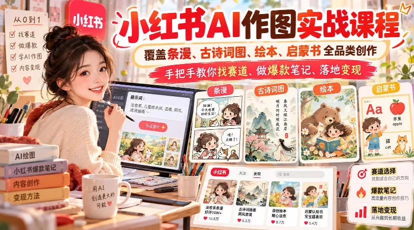 小红书AI作图实战课程，覆盖条漫、古诗词图、绘本、启蒙书全品类创作，手把手教你找赛道、做爆款笔记、落地变现-九九网创