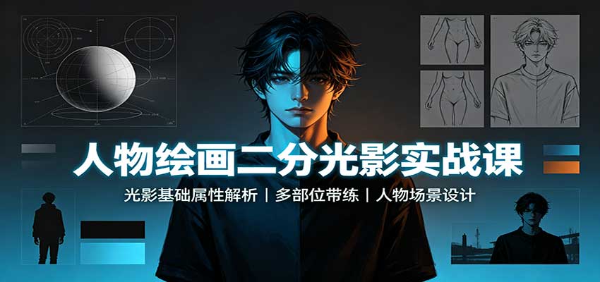 人物绘画二分光影实战课：光影基础属性解析，多部位带练，人物场景设计-九九网创