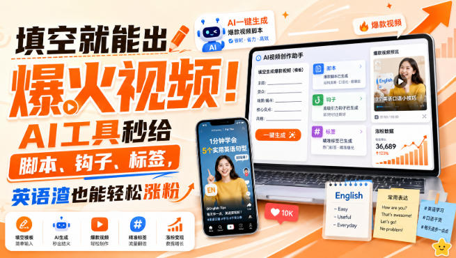 填空就能出爆火视频！AI工具秒给脚本、钩子、标签，英语渣也能轻松涨粉【原创双语字幕】-九九网创
