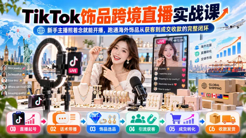 TikTok饰品跨境直播实战课，新手主播照着念就能开播，跑通海外饰品从获客到成交收款的完整闭环-九九网创
