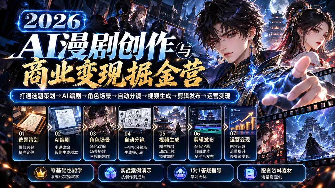 【无水印】2026AI漫剧创作与商业变现掘金营：打通选题→AI编剧→角色场景→自动分镜→视频生成→剪辑发布→运营变现