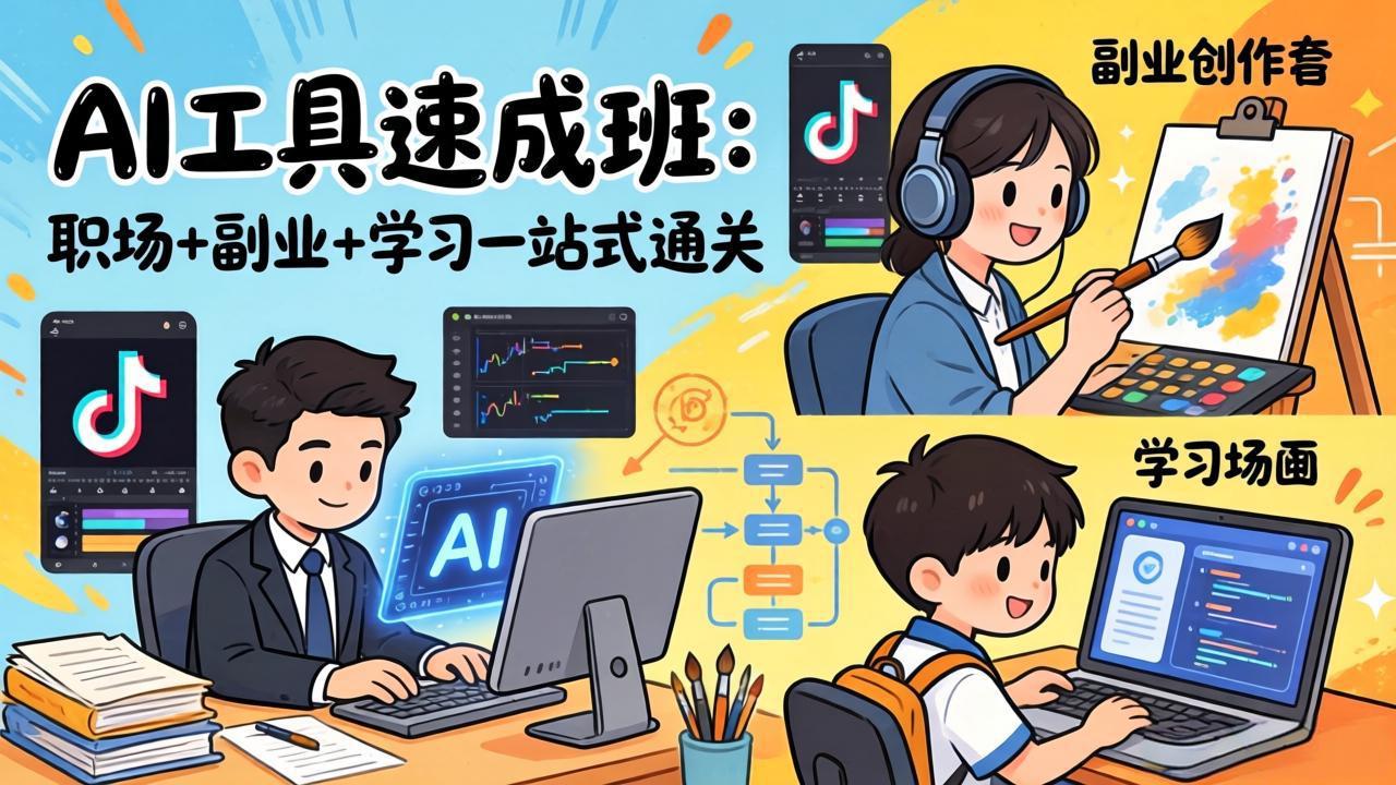 AI工具速成班:职场+副业+学习一站式通关,20+爆款类型+剪映技巧+抖音算法,0基础快速上手-九九网创