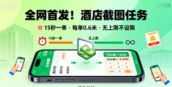 全网首发！酒店截图任务，15秒一单，每单0.6米，任务无上限不设限，矩阵操作单日3张到手【揭秘】-九九网创