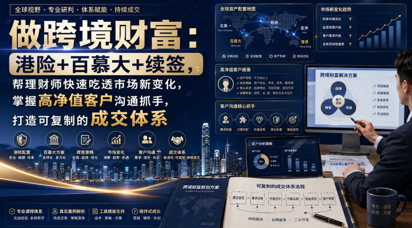 做跨境财富：港险+百慕大+续签，帮理财师快速吃透市场新变化，掌握高净值客户沟通抓手，打造可复制的成交体系-九九网创