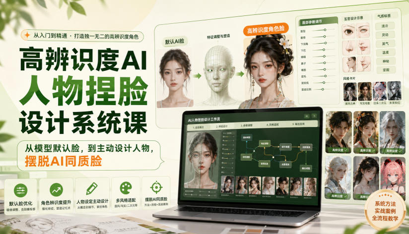 高辨识度AI人物捏脸设计系统课，从模型默认脸，到主动设计人物，摆脱AI同质脸-九九网创