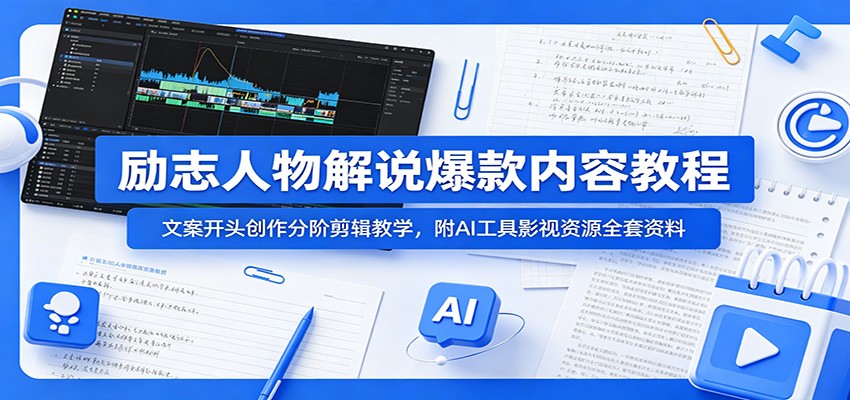 励志人物解说爆款内容教程：文案开头创作分阶剪辑教学，附AI 工具影视资源全套资料-九九网创