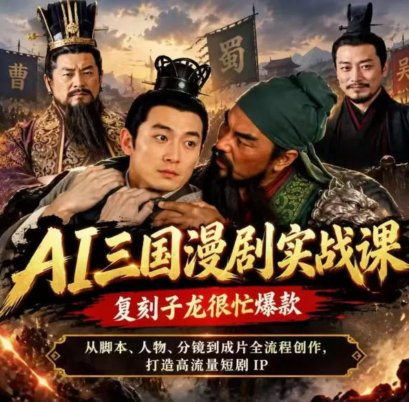 抖音14W粉博主同款AI三国漫剧实战课,复刻子龙很忙爆款,从脚本、人物、分镜到成片全流程创作,打造高流量短剧IP-九九网创