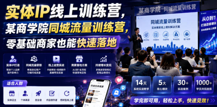 实体IP线上训练营，某商学院同城流量训练营，零基础商家也能快速落地-九九网创