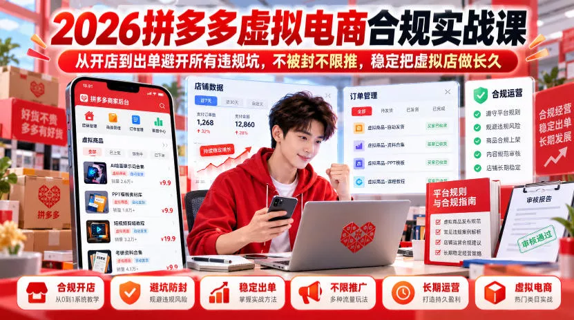 2026拼多多虚拟电商合规实战课，从开店到出单避开所有违规坑，不被封不限推，稳定把虚拟店做长久-九九网创
