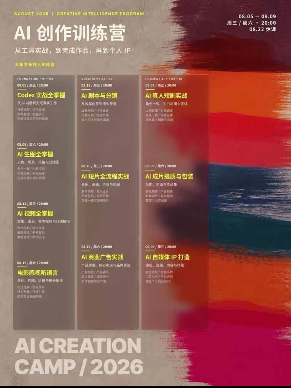 （20145期）AI+创作训练营26年8月第5期：从Codex、AI生图视频到剧本分镜与电影感短片，跑通个人IP商业闭环-九九网创