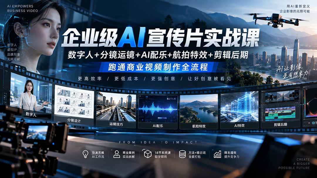 （20548期）企业级AI宣传片实战课｜数字人+分镜运镜+AI配乐+航拍特效+剪辑后期，跑通商业视频制作全流程-九九网创