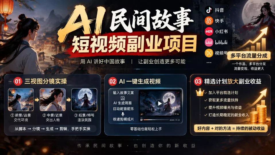 AI民间故事短视频副业项目，多平台流量分成，三视图分镜实操，精选计划放大副业收益-九九网创