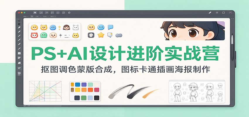 PS+AI设计进阶实战营：抠图调色蒙版合成，图标卡通插画海报制作-九九网创