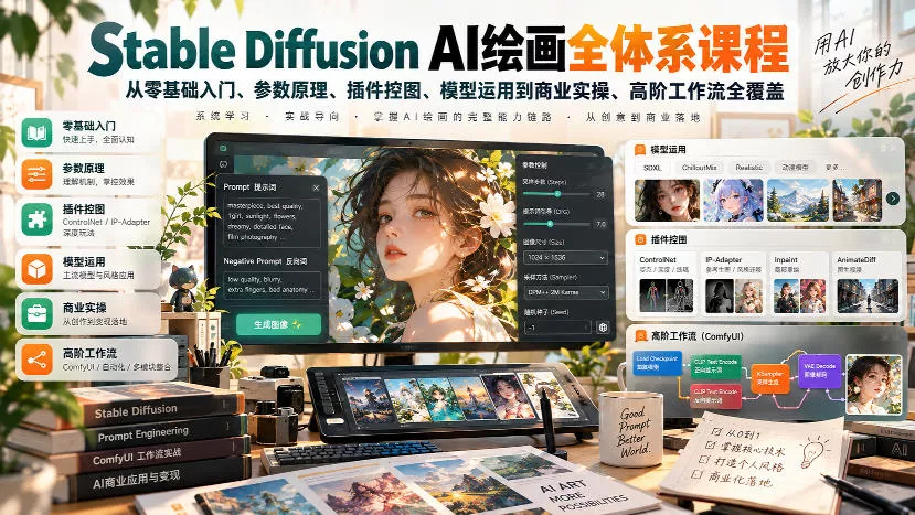 【无水印】Stable Diffusion AI绘画全体系课程，从零基础入门、参数原理、插件控图、模型运用到商业实操、高阶工作流全覆盖-九九网创