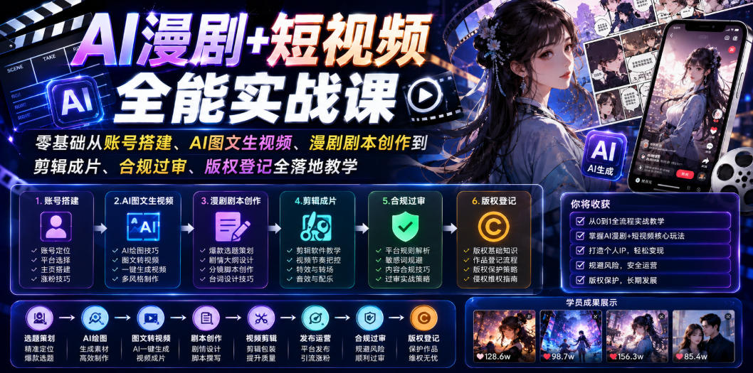 AI漫剧+短视频全能实战课｜零基础从账号搭建、AI图文生视频、漫剧剧本创作到剪辑成片、合规过审、版权登记全落地教学-九九网创