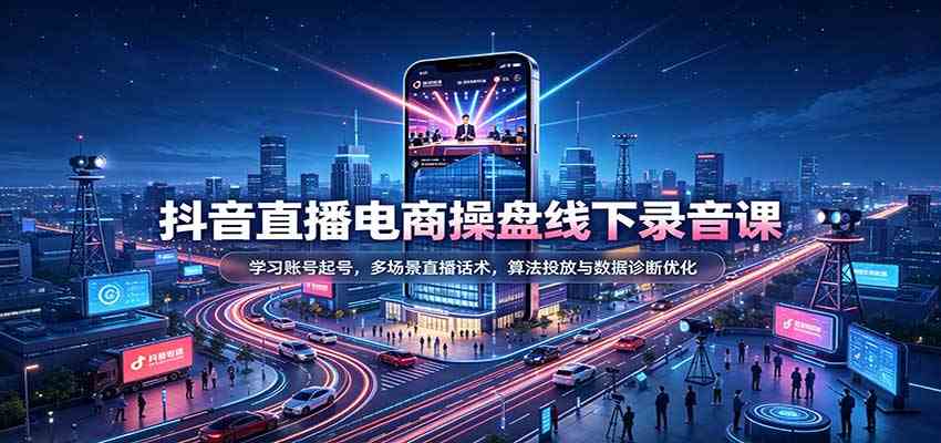 抖音直播电商操盘线下录音课：学习账号起号，多场景直播话术，算法投放与数据诊断优化-九九网创