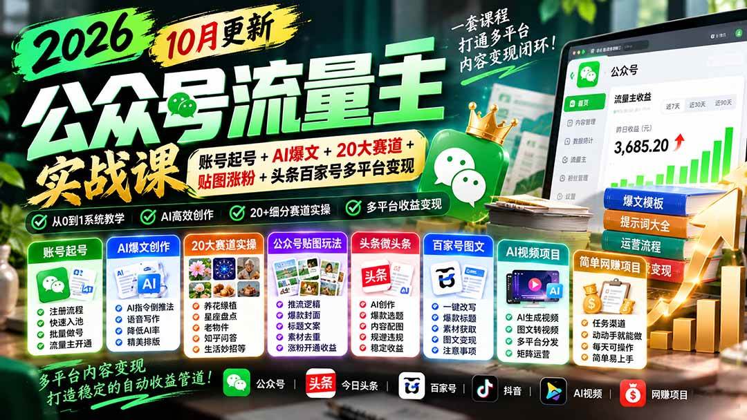 （20878期）2026公众号流量主实战课-10月更新：账号起号+AI爆文+20大赛道+贴图涨粉+头条百家号多平台变现