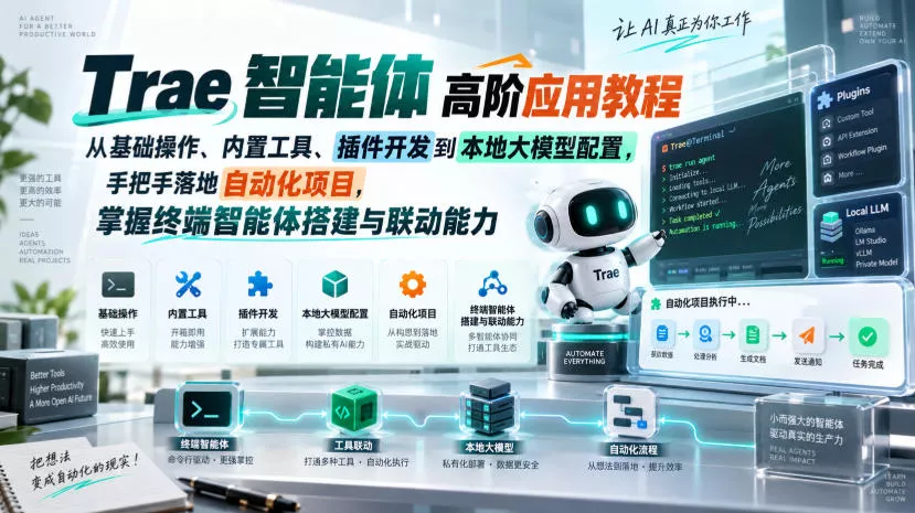 Trae智能体高阶应用教程，从基础操作、内置工具、插件开发到本地大模型配置，手把手落地自动化项目-九九网创