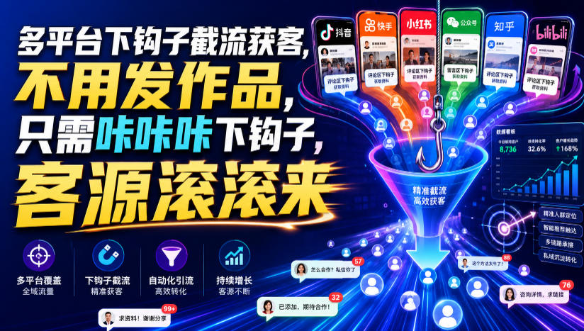 多平台下钩子截流获客，不用发作品，只需咔咔咔下钩子，客源滚滚来-九九网创