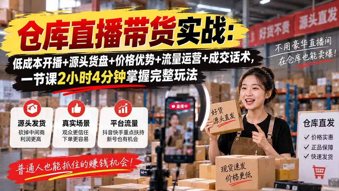 仓库直播带货实战：低成本开播+源头货盘+价格优势+流量运营+成交话术，一节课2小时4分钟掌握完整玩法-九九网创