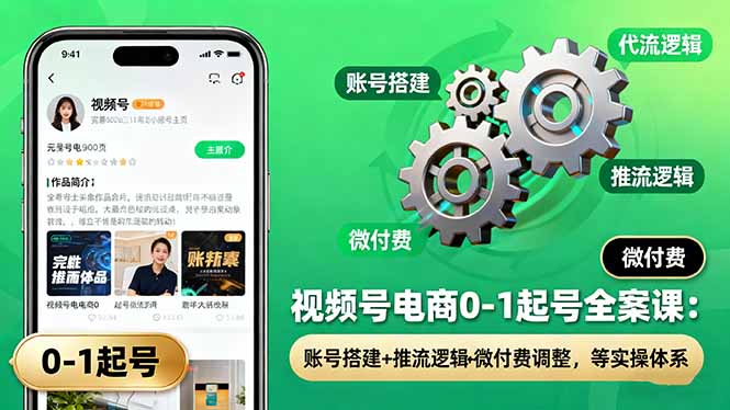 视频号电商0-1起号全案课：账号搭建+推流逻辑+微付费调整，等实操体系-九九网创