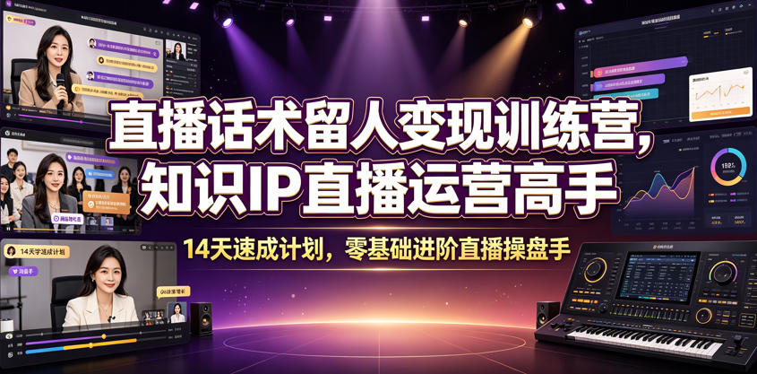 直播话术留人变现训练营，知识IP直播运营高手，14天速成计划，零基础进阶直播操盘手-九九网创