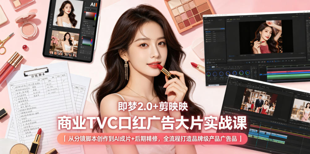 即梦2.0+剪映商业TVC口红广告大片实战课｜从分镜脚本创作到AI成片+后期精修，全流程打造品牌级产品广告-九九网创