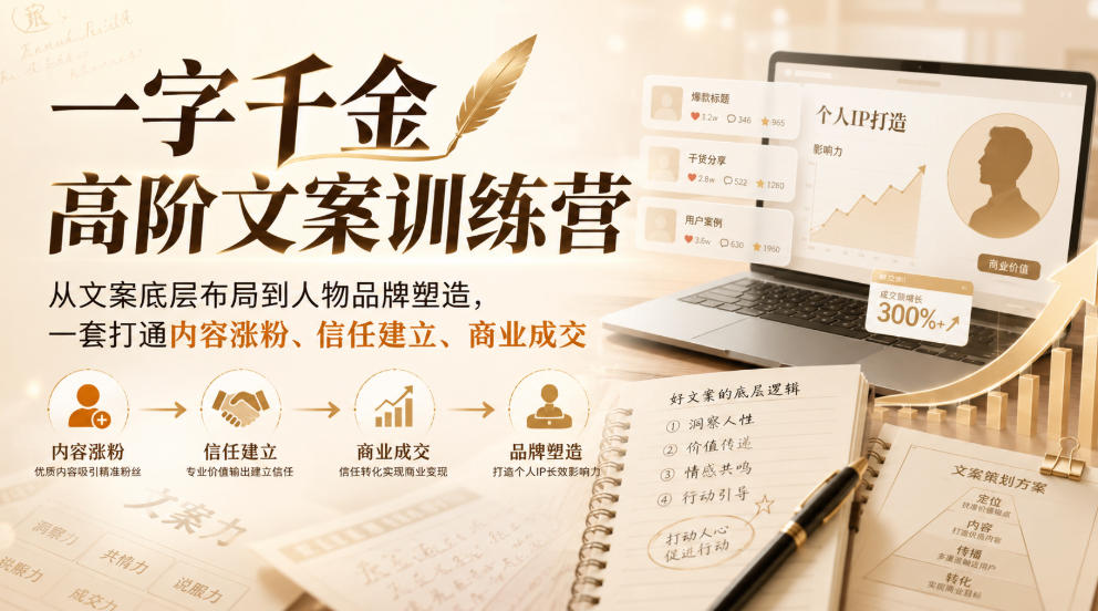 一字千金高阶文案训练营，从文案底层布局到人物品牌塑造，一套打通内容涨粉、信任建立、商业成交-九九网创
