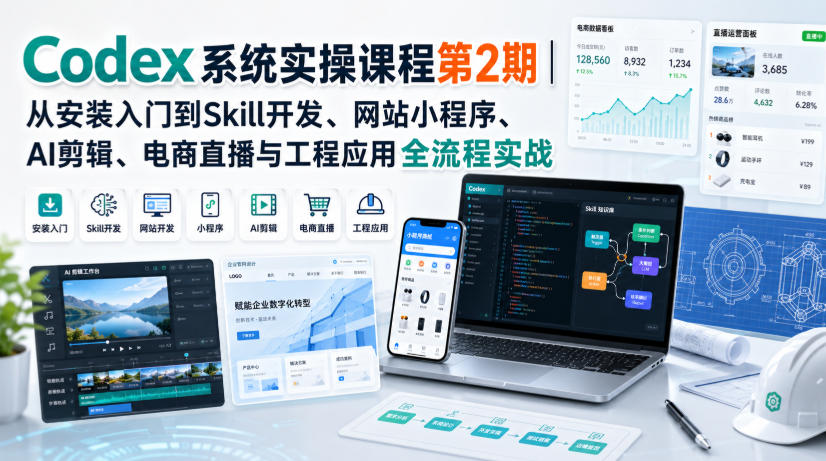 Codex系统实操课程第2期｜从安装入门到Skill开发、网站小程序、AI剪辑、电商直播与工程应用全流程实战-九九网创