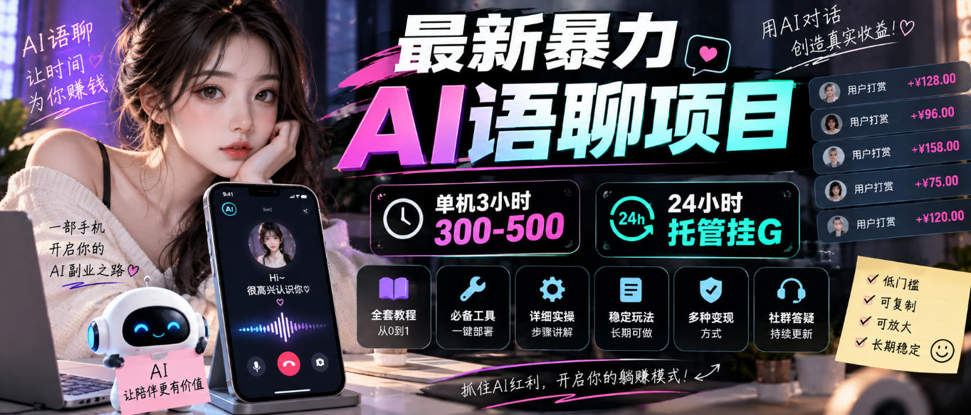 最新暴力AI语聊项目，单机3小时300-500，24小时托管挂G，附全套教程及工具【揭秘】-九九网创