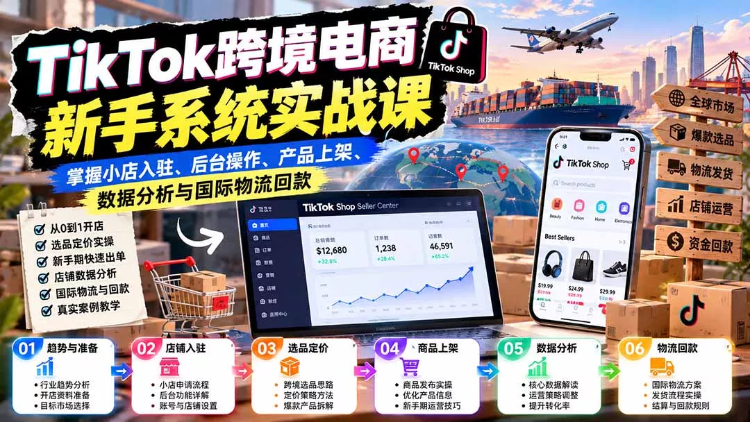 TikTok跨境电商新手系统实战课：掌握小店入驻、后台操作、产品上架、数据分析与国际物流回款-九九网创