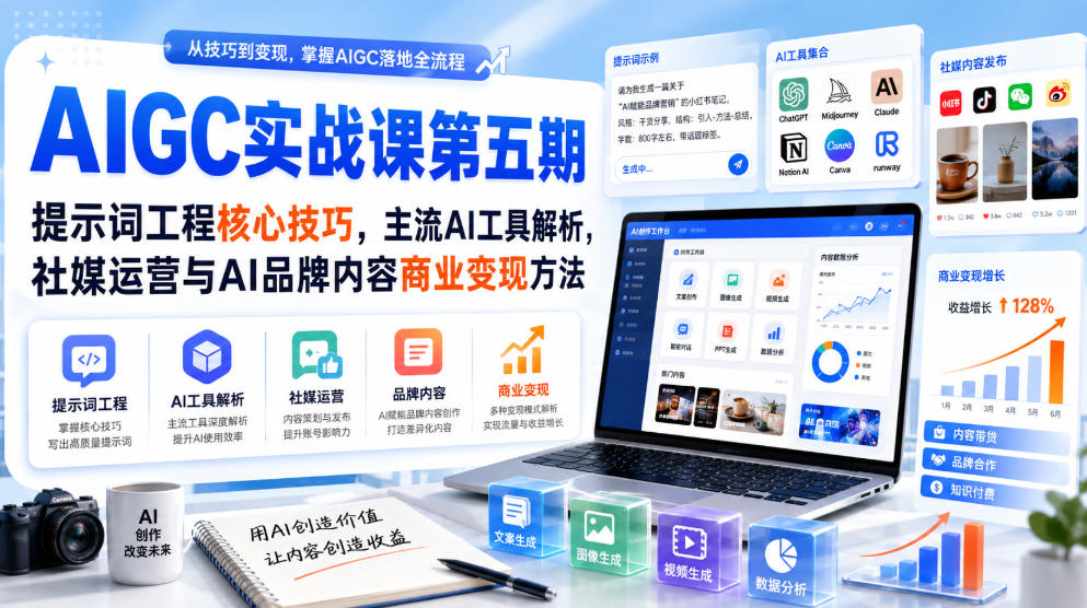 刺猬星球·AIGC实战课第五期,提示词工程核心技巧,主流AI工具解析,社媒运营与AI品牌内容商业变现方法-九九网创
