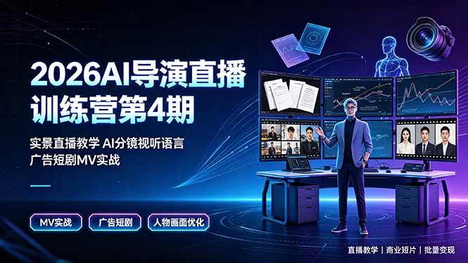 （19216期）2026AI导演直播训练营第4期，实景直播教学AI分镜视听语言，广告短剧MV实战，解决人物画面崩坏痛点-九九网创