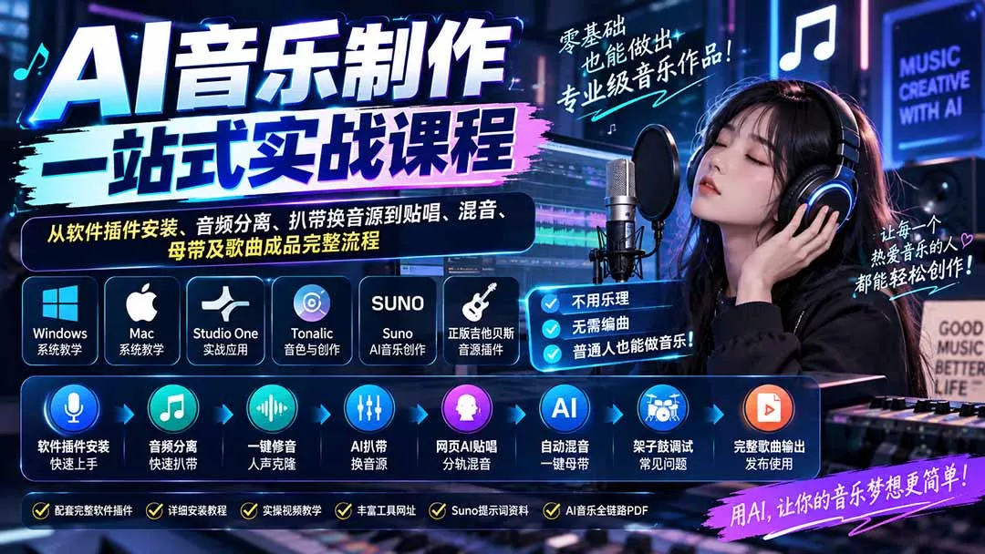 AI音乐制作一站式实战课程：从软件插件安装、音频分离、扒带换音源到贴唱、混音、母带及歌曲成品完整流程-九九网创
