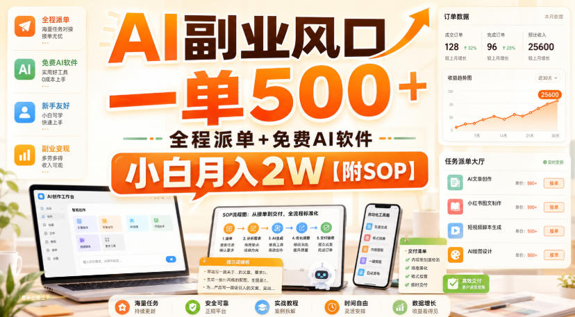 AI副业风口，一单500+，全程派单+免费AI软件，小白月入2W【附SOP】【揭秘】-九九网创