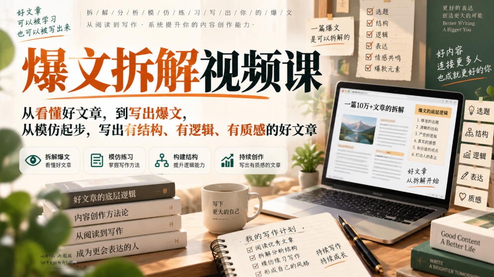 爆文拆解视频课，从看懂好文章，到写出爆文，从模仿起步，写出有结构、有逻辑、有质感的好文章-九九网创