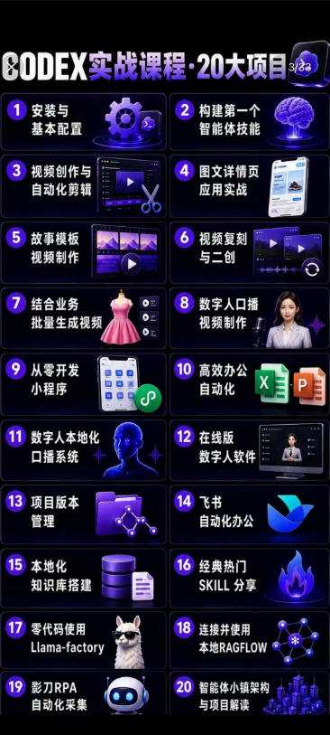 Codex智能体实战全能课｜0基础从搭建技能到自动化落地，视频剪辑-办公-知识库-数字人全场景变现教程-九九网创
