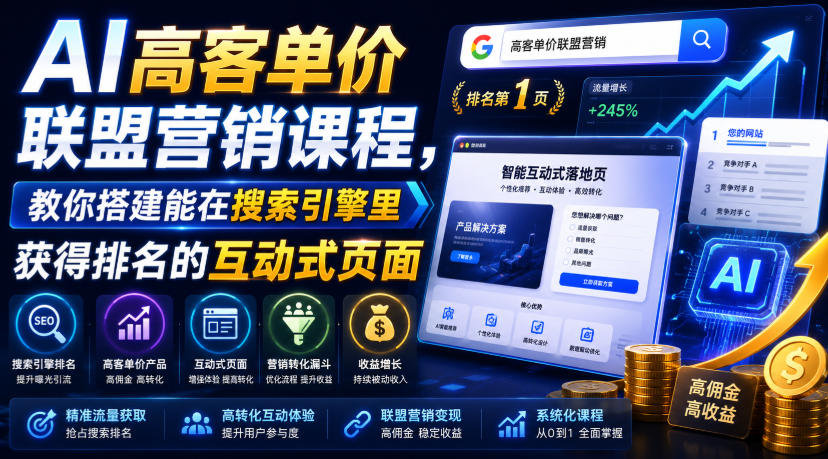 AI高客单价联盟营销课程，教你搭建能在搜索引擎里获得排名的互动式页面，引来流量，把访客转化为高佣金的成交【原创双语字幕】-九九网创