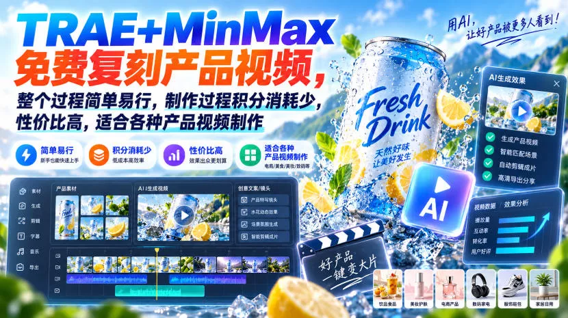TRAE+MinMax免费复刻产品视频，整个过程简单易行，制作过程积分消耗少，性价比高，适合各种产品视频制作-九九网创