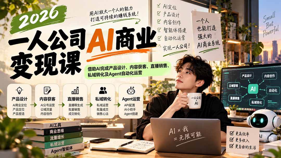 （20901期）2026一人公司AI商业变现课：借助AI完成产品设计、内容获客、直播销售、私域转化及Agent自动化运营-九九网创
