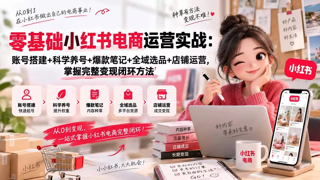 零基础小红书电商运营实战：账号搭建+科学养号+爆款笔记+全域选品+店铺运营，掌握完整变现闭环方法-九九网创