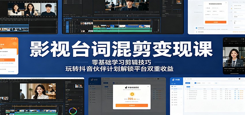 影视台词混剪变现课：零基础学习剪辑技巧，玩转抖音伙伴计划解锁平台双重收益-九九网创