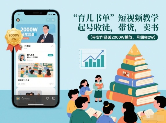 育儿书单短视频教学，起号收徒，带货，卖书(带货作品破2000W播放，月佣金2W)-九九网创