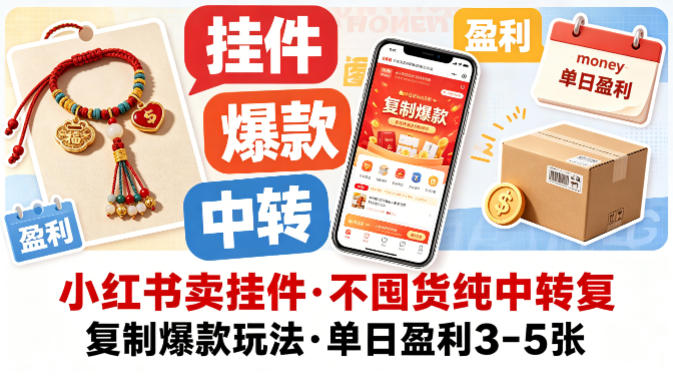 小红书卖挂件，不囤货纯中转复制爆款玩法，单日盈利3-5张-九九网创